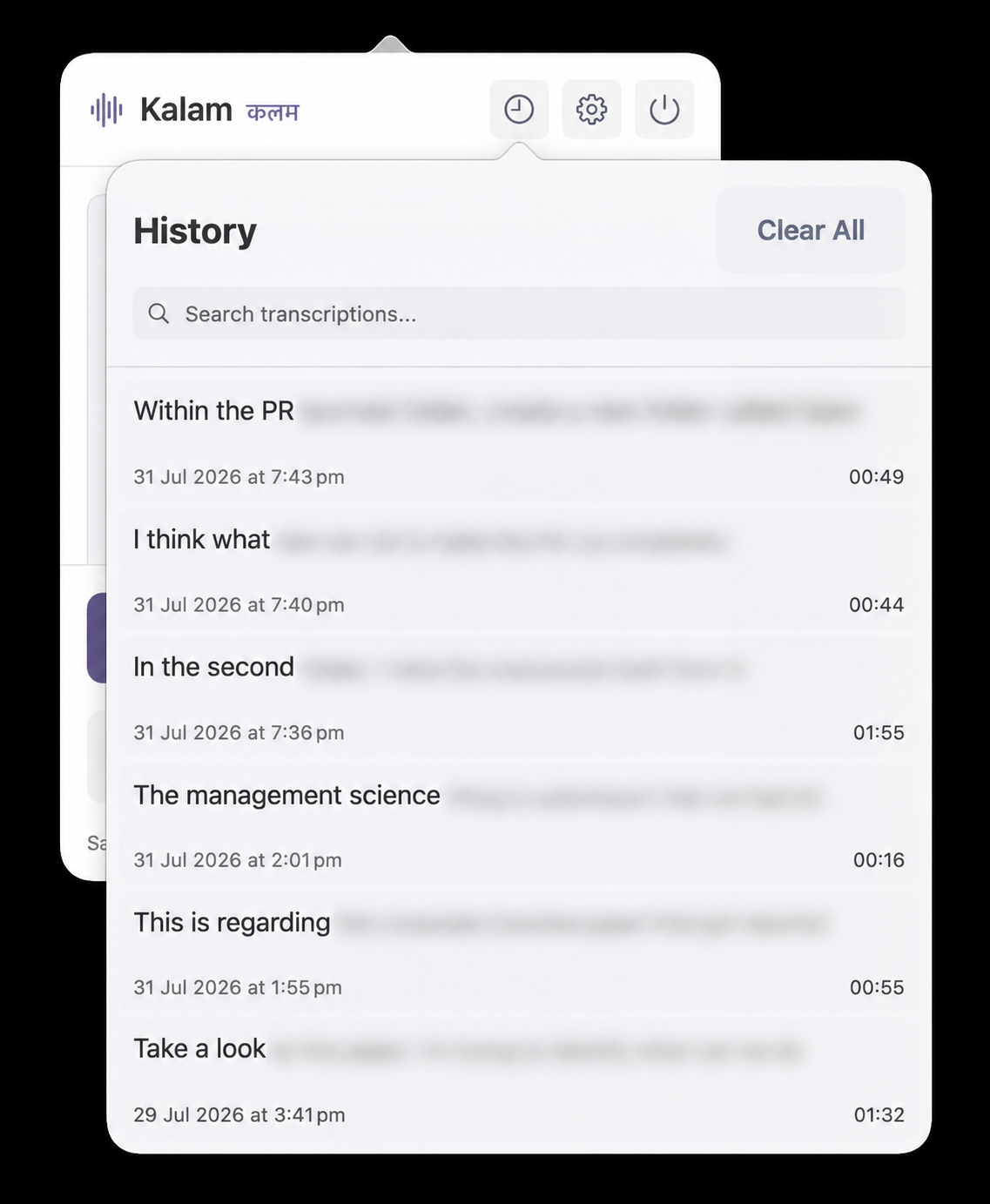 Kalam searchable transcription history with private text blurred