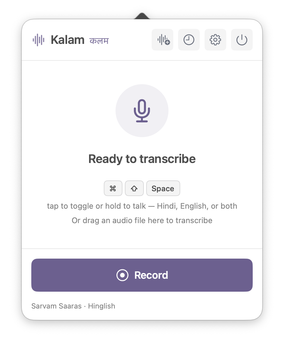 Kalam menu-bar popover ready to transcribe with an audio-file button and drag-to-transcribe instruction