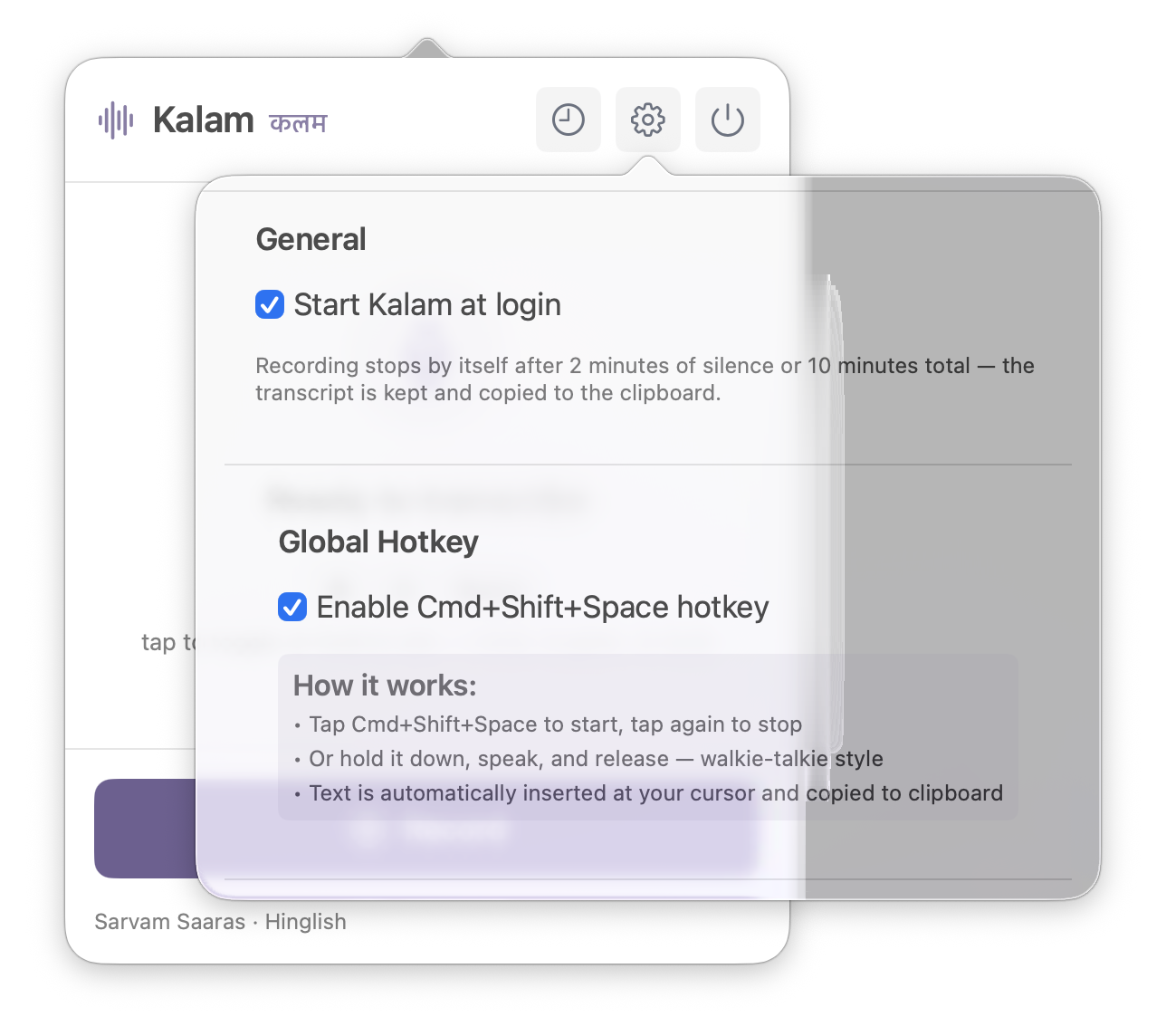 Kalam general settings for launch at login and the global hotkey
