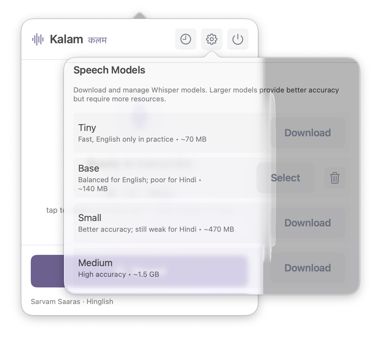 Kalam settings for downloading and selecting local Whisper models