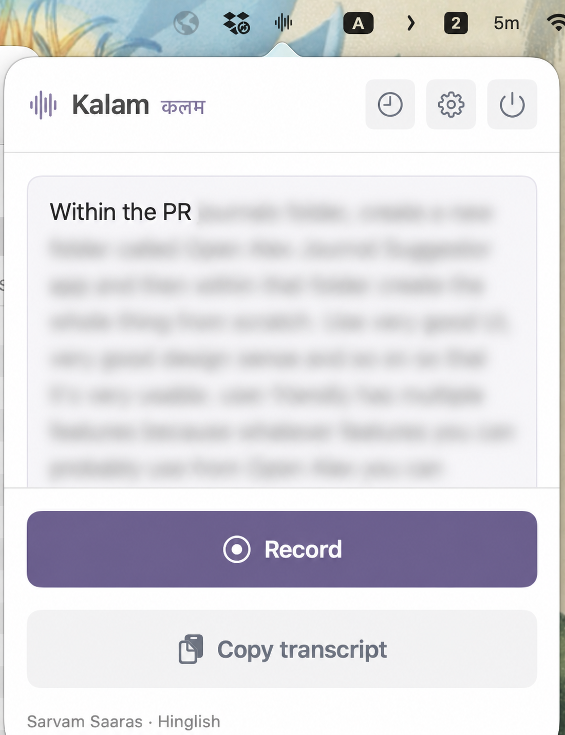 Kalam showing a completed transcript with private text blurred