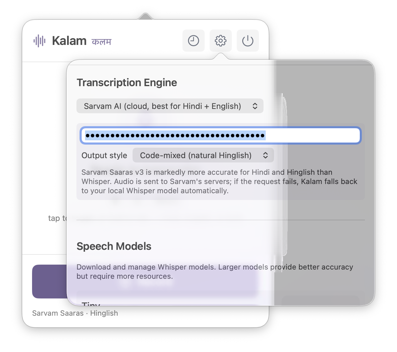 Kalam settings with Sarvam AI selected as the transcription engine